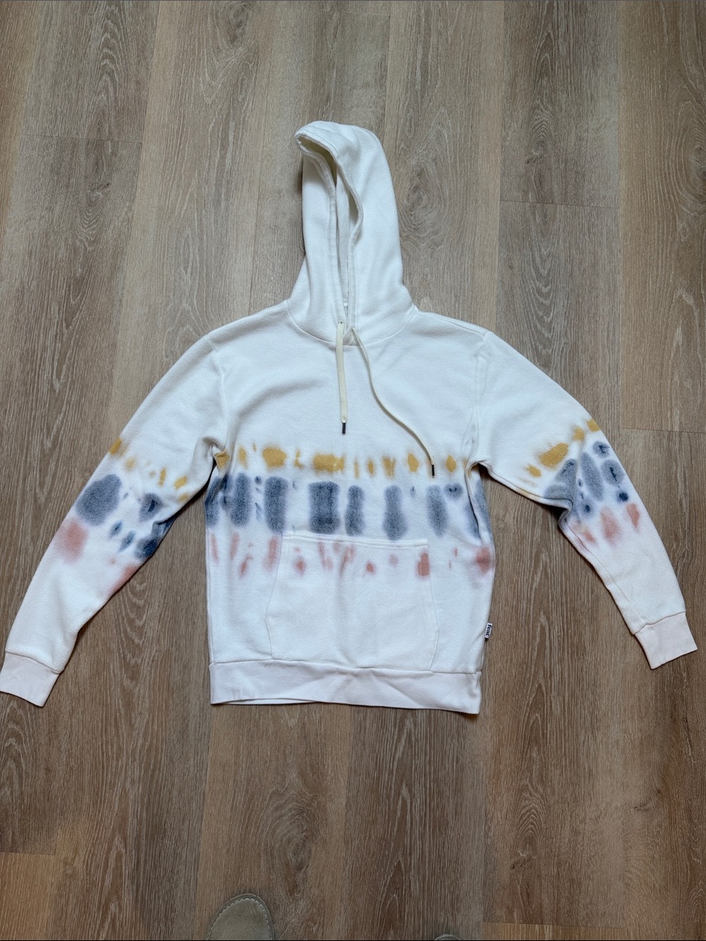 feat White Hoodie with Yellow, Blue and Pink Tie-Dye Bands
